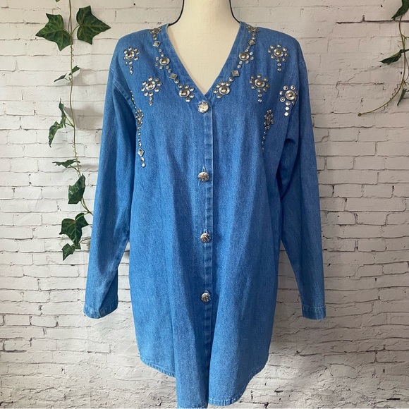 LIEBE Vintage Long Chambray Shacket Jeweled Western Long Sleeve Button Up - Picture 3 of 10